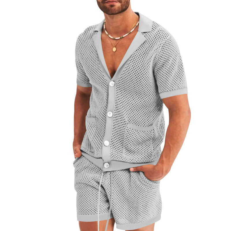 Conjunto de camisa de manga corta calada casual de verano para hombre y pantalones cortos