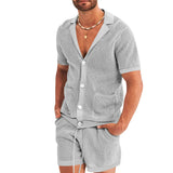 Conjunto de camisa de manga corta calada casual de verano para hombre y pantalones cortos