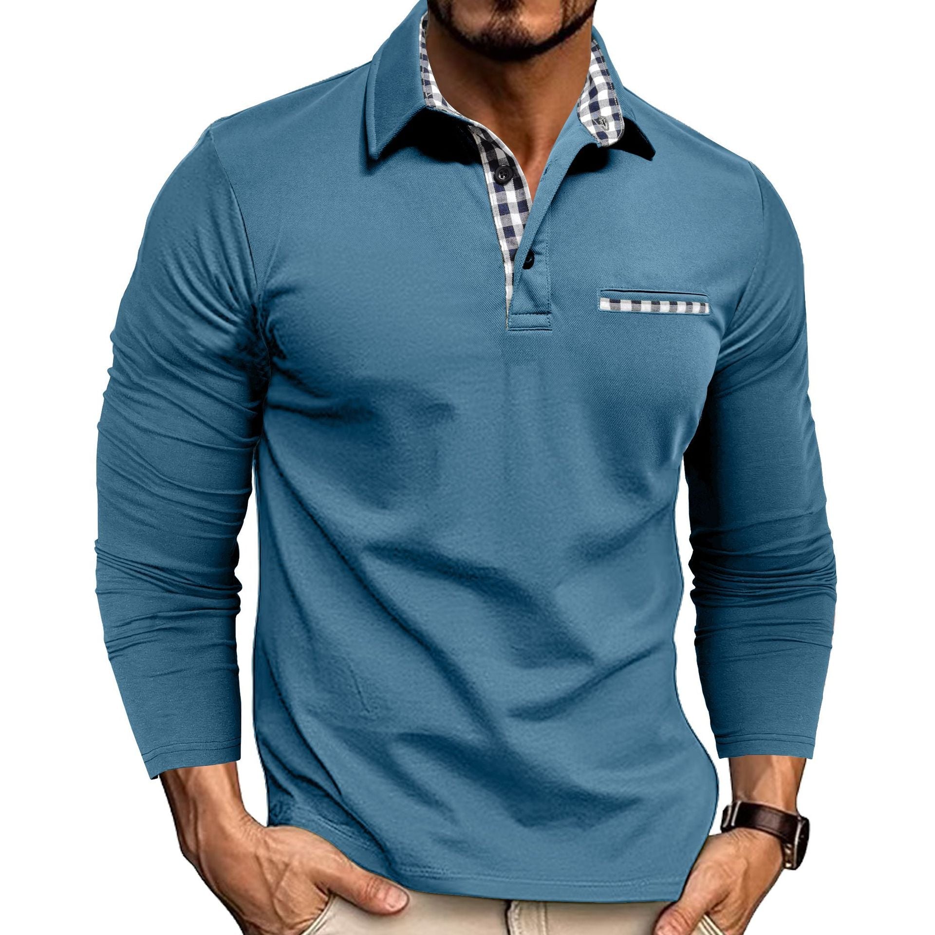 Camisa Polo de Solapa con Empalme de Cuadros Casual - Elegante Top de Manga Larga para Hombre