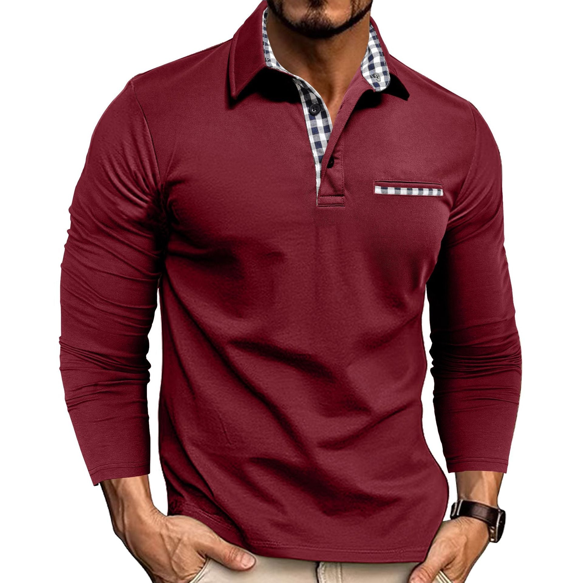 Camisa Polo de Solapa con Empalme de Cuadros Casual - Elegante Top de Manga Larga para Hombre