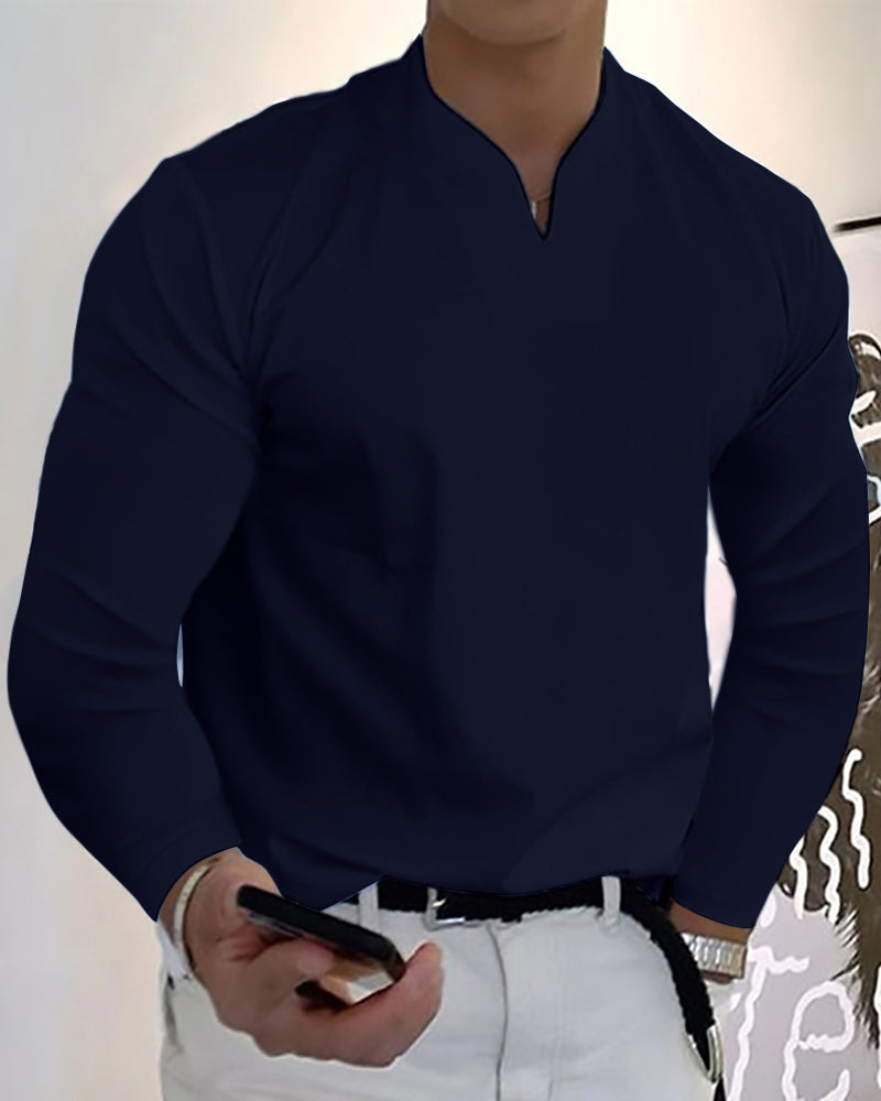 Camiseta de manga larga con cuello en V para hombre, elegante