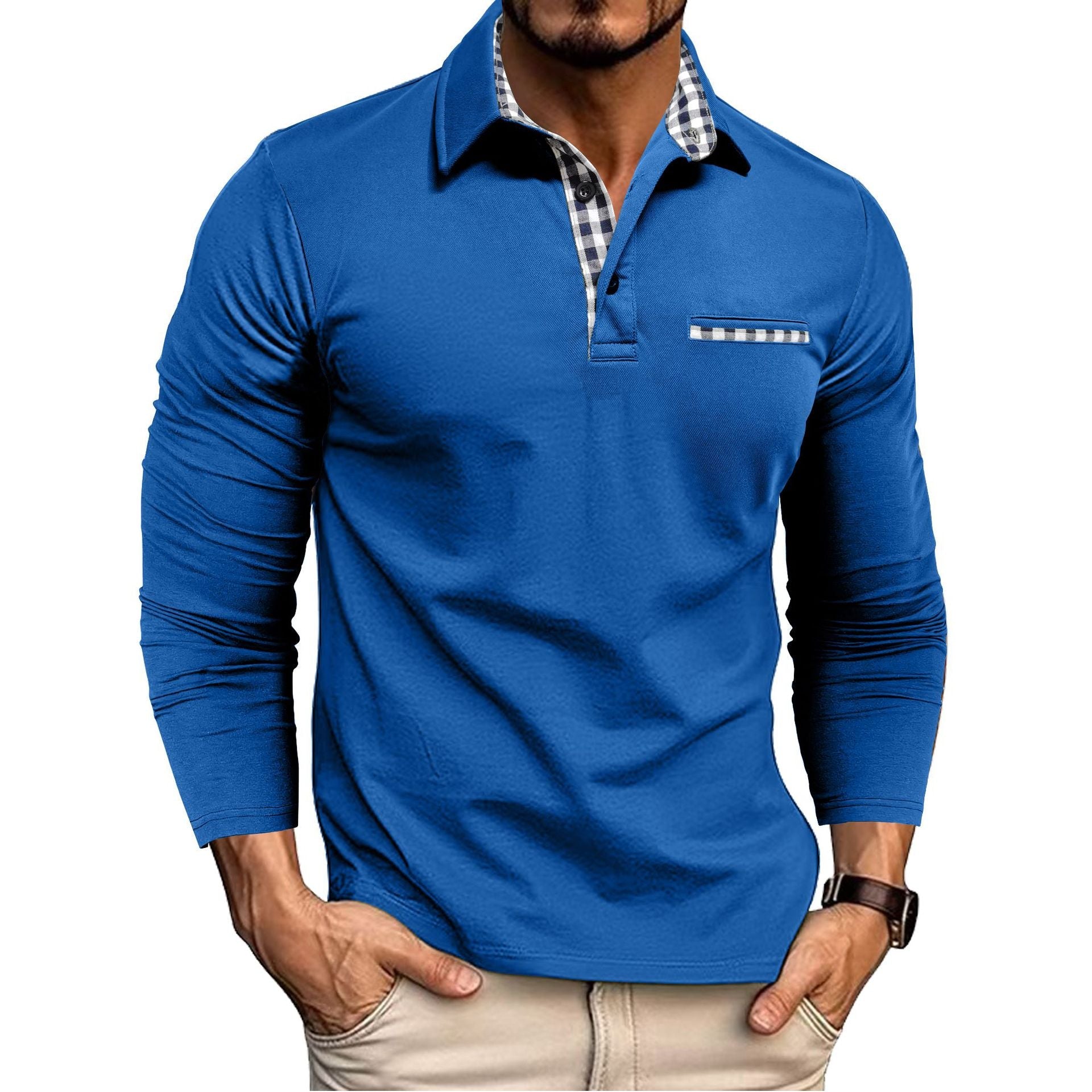 Camisa Polo de Solapa con Empalme de Cuadros Casual - Elegante Top de Manga Larga para Hombre