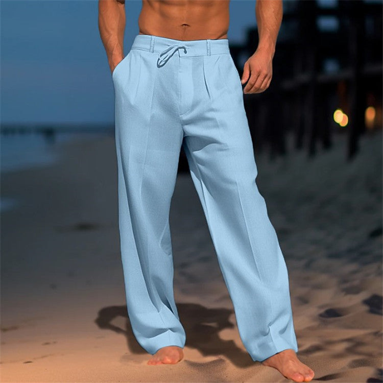 Pantalones casuales de pierna ancha para hombre con cordón y bolsillos