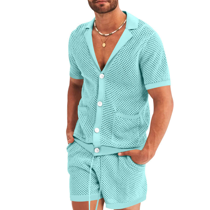 Conjunto de camisa de manga corta calada casual de verano para hombre y pantalones cortos
