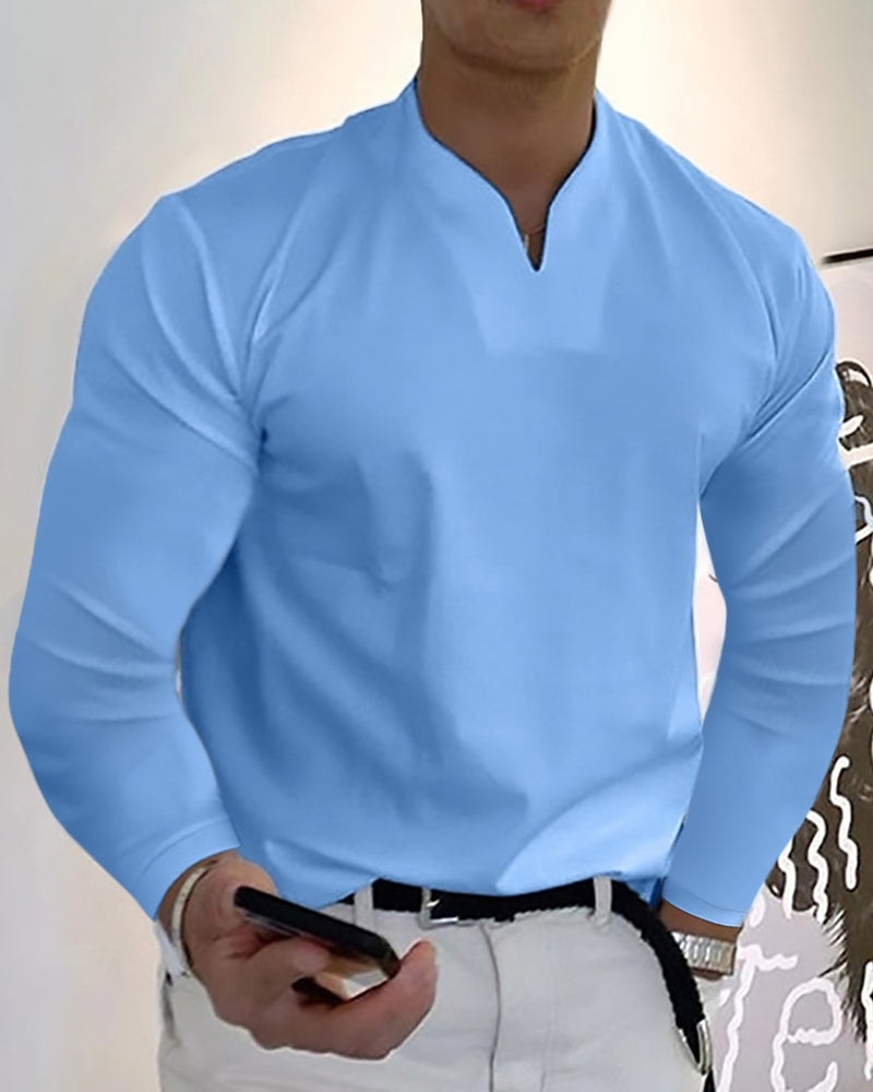 Camiseta de manga larga con cuello en V para hombre, elegante