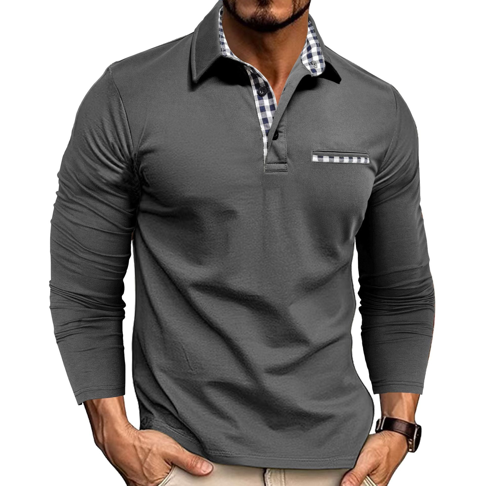 Camisa Polo de Solapa con Empalme de Cuadros Casual - Elegante Top de Manga Larga para Hombre