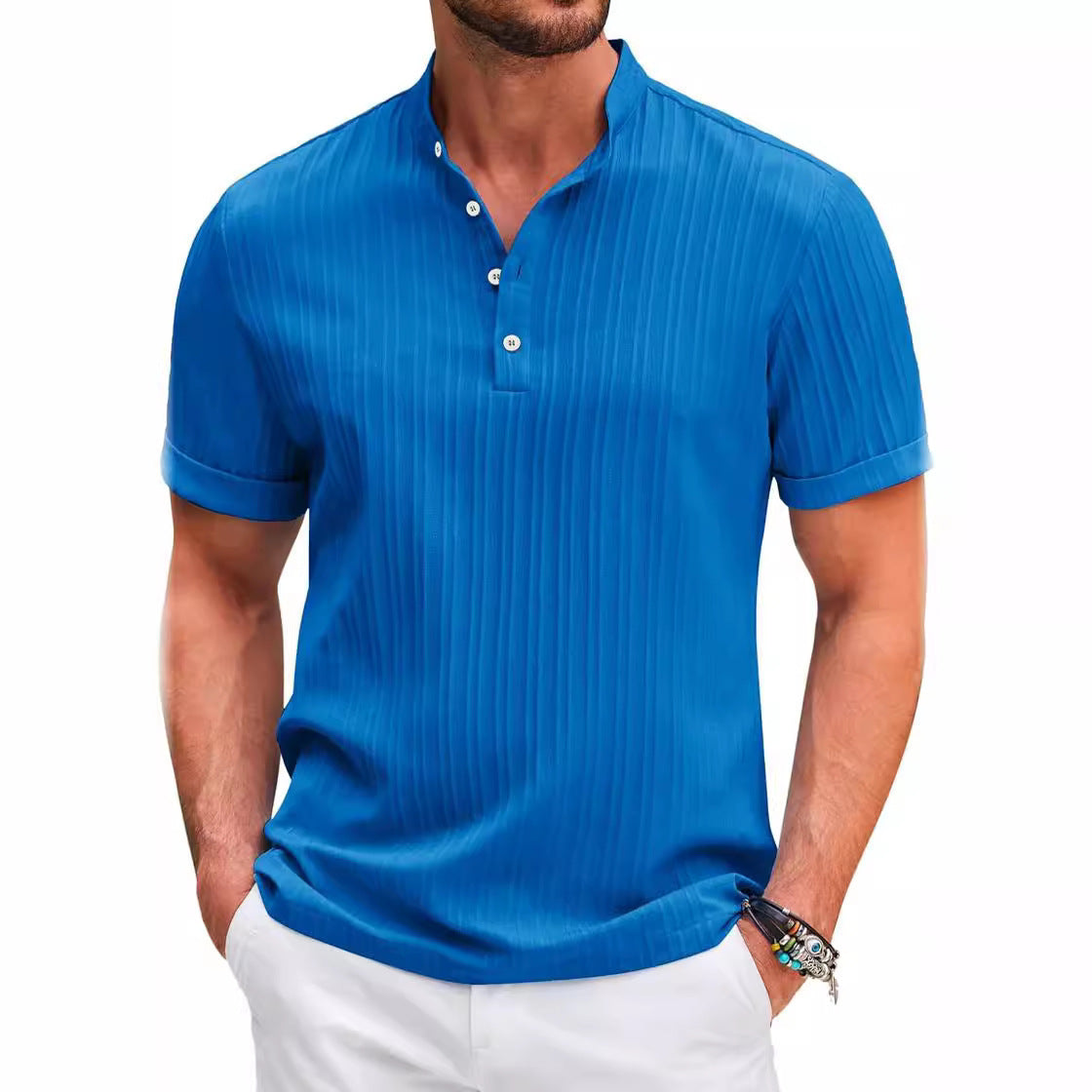 Camisa polo de verano para hombre con cuello mao y botones, manga corta