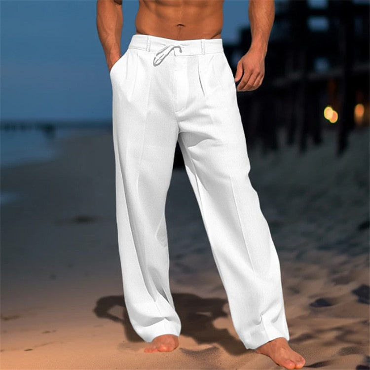 Pantalones casuales de pierna ancha para hombre con cordón y bolsillos