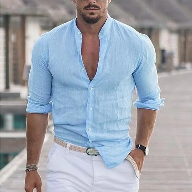 Camisa casual de manga larga para hombre en color sólido