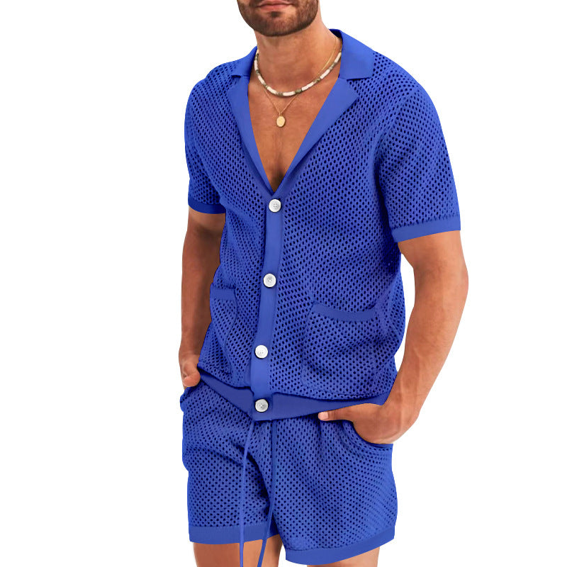 Conjunto de camisa de manga corta calada casual de verano para hombre y pantalones cortos