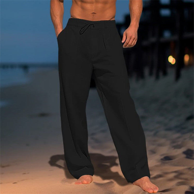 Pantalones casuales de pierna ancha para hombre con cordón y bolsillos