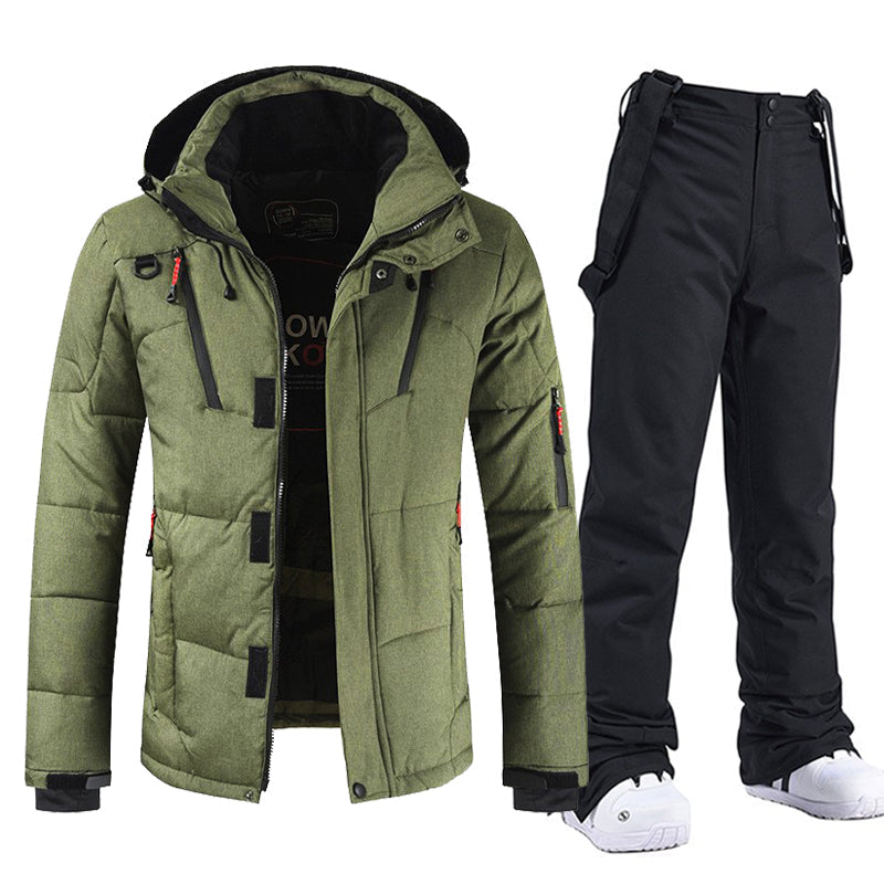 Traje de esquí para hombre, a prueba de viento y agua, con capucha y pantalones con peto