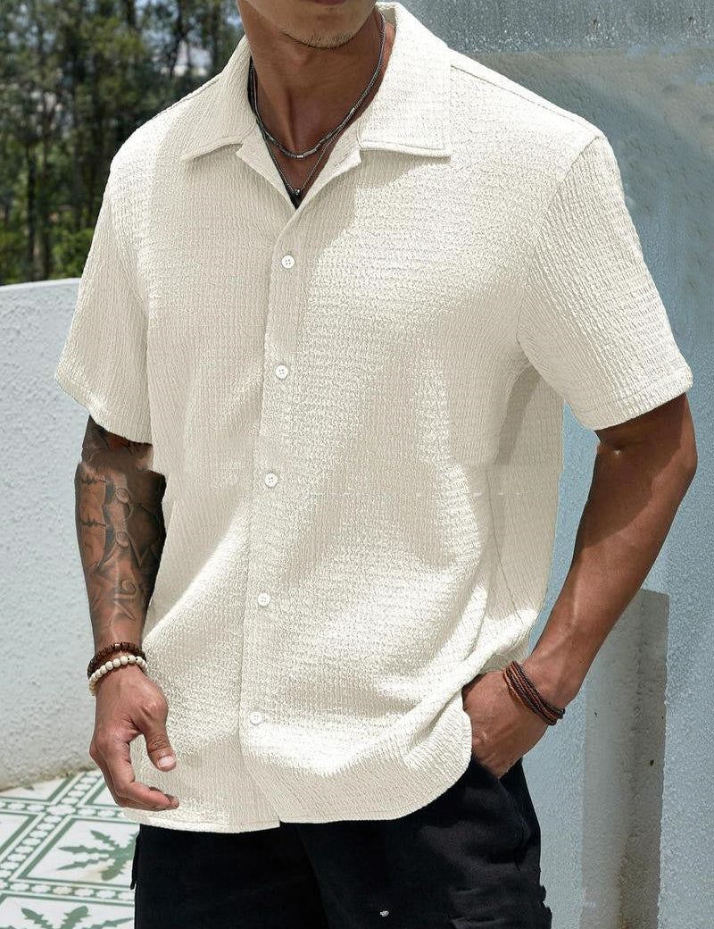 Camisa de hombre de color sólido con botones y solapa de manga corta