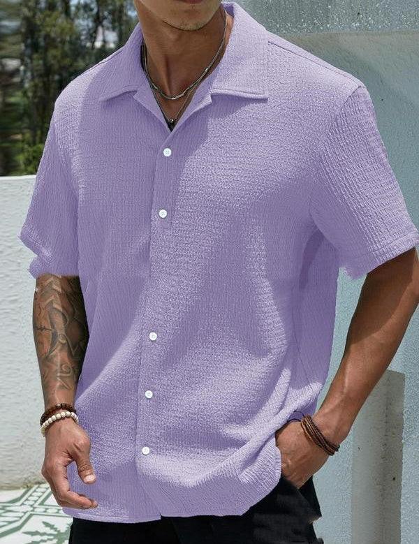 Camisa de hombre de color sólido con botones y solapa de manga corta