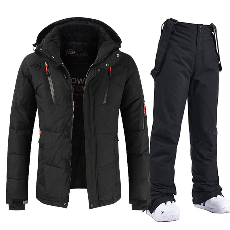 Traje de esquí para hombre, a prueba de viento y agua, con capucha y pantalones con peto