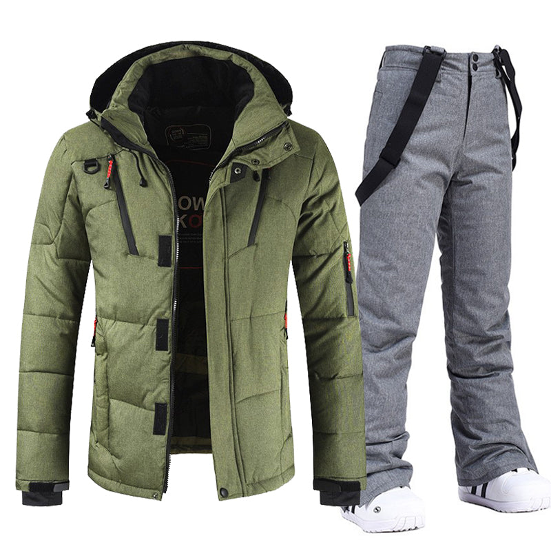 Traje de esquí para hombre, a prueba de viento y agua, con capucha y pantalones con peto