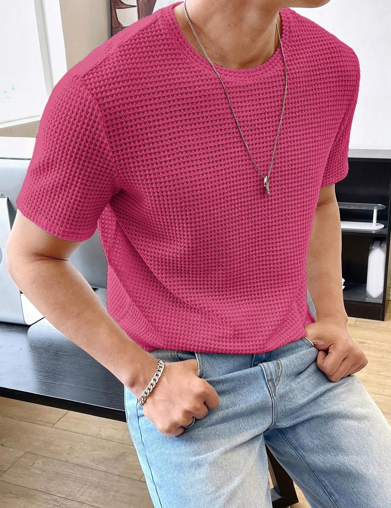 Camiseta casual para hombre de manga corta, color sólido y corte holgado