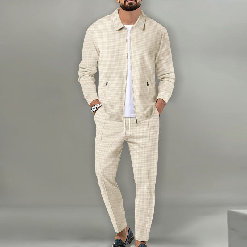 Conjunto para hombre de 2 piezas de punto waffle transpirable con cárdigan de solapa con cremallera y pantalones