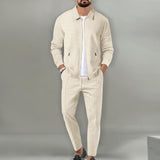 Conjunto para hombre de 2 piezas de punto waffle transpirable con cárdigan de solapa con cremallera y pantalones