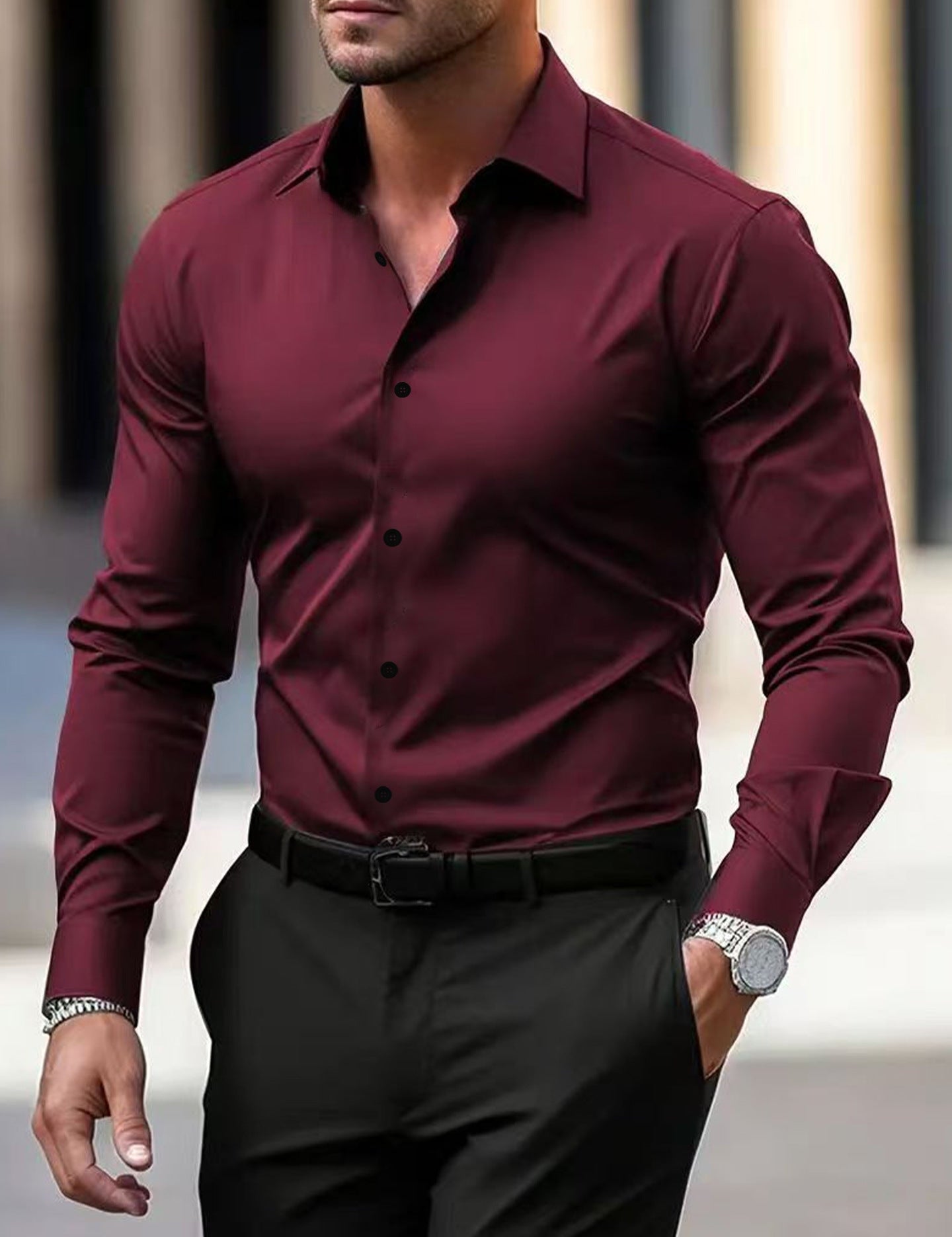 Camisa de manga larga con solapa de color sólido para hombre, verano