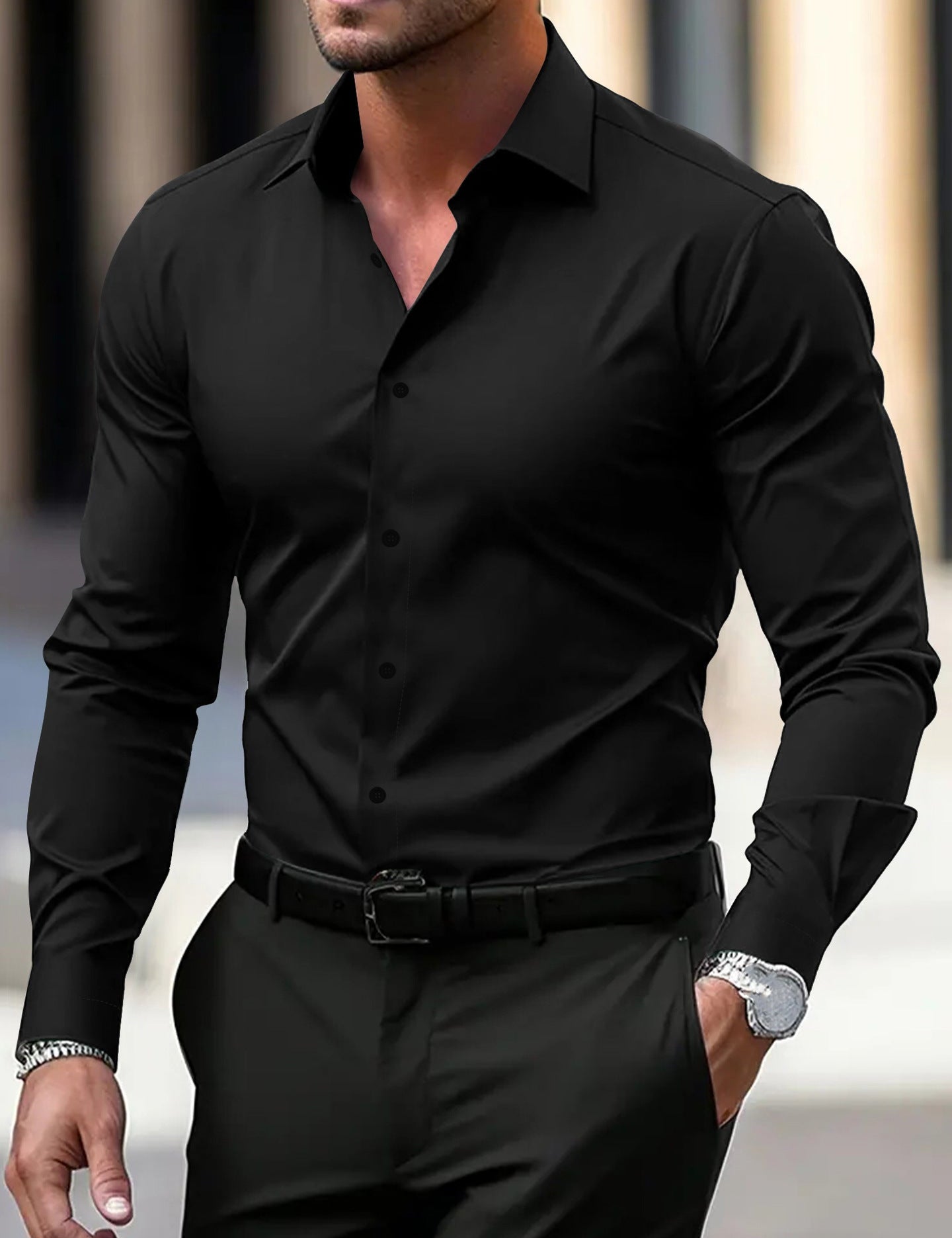 Camisa de manga larga con solapa de color sólido para hombre, verano