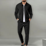Conjunto para hombre de 2 piezas de punto waffle transpirable con cárdigan de solapa con cremallera y pantalones
