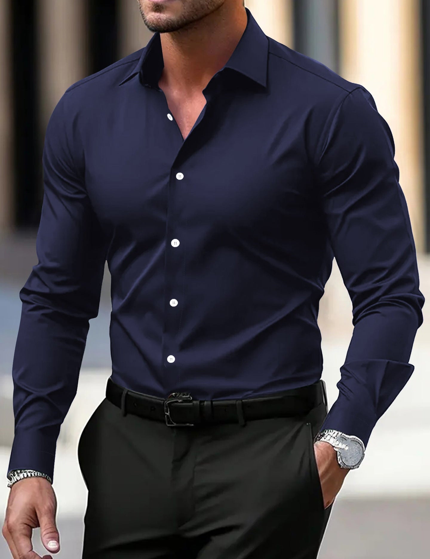 Camisa de manga larga con solapa de color sólido para hombre, verano
