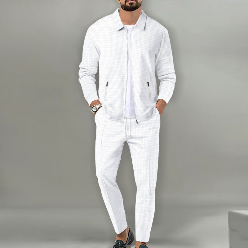 Conjunto para hombre de 2 piezas de punto waffle transpirable con cárdigan de solapa con cremallera y pantalones