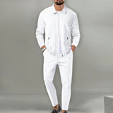 Conjunto para hombre de 2 piezas de punto waffle transpirable con cárdigan de solapa con cremallera y pantalones