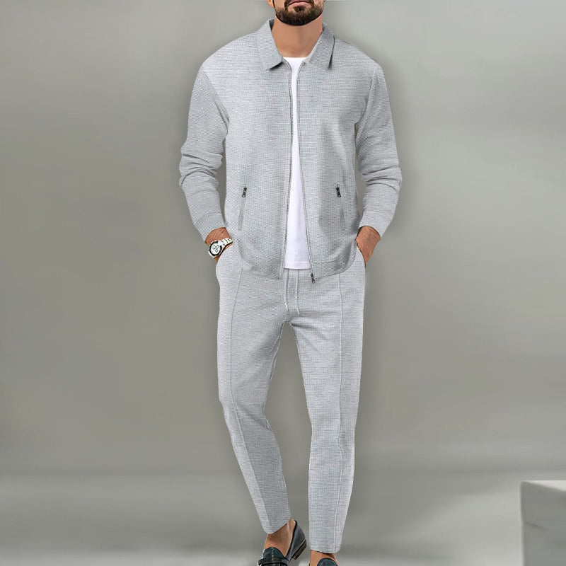 Conjunto para hombre de 2 piezas de punto waffle transpirable con cárdigan de solapa con cremallera y pantalones