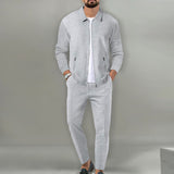 Conjunto para hombre de 2 piezas de punto waffle transpirable con cárdigan de solapa con cremallera y pantalones