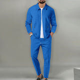 Conjunto para hombre de 2 piezas de punto waffle transpirable con cárdigan de solapa con cremallera y pantalones