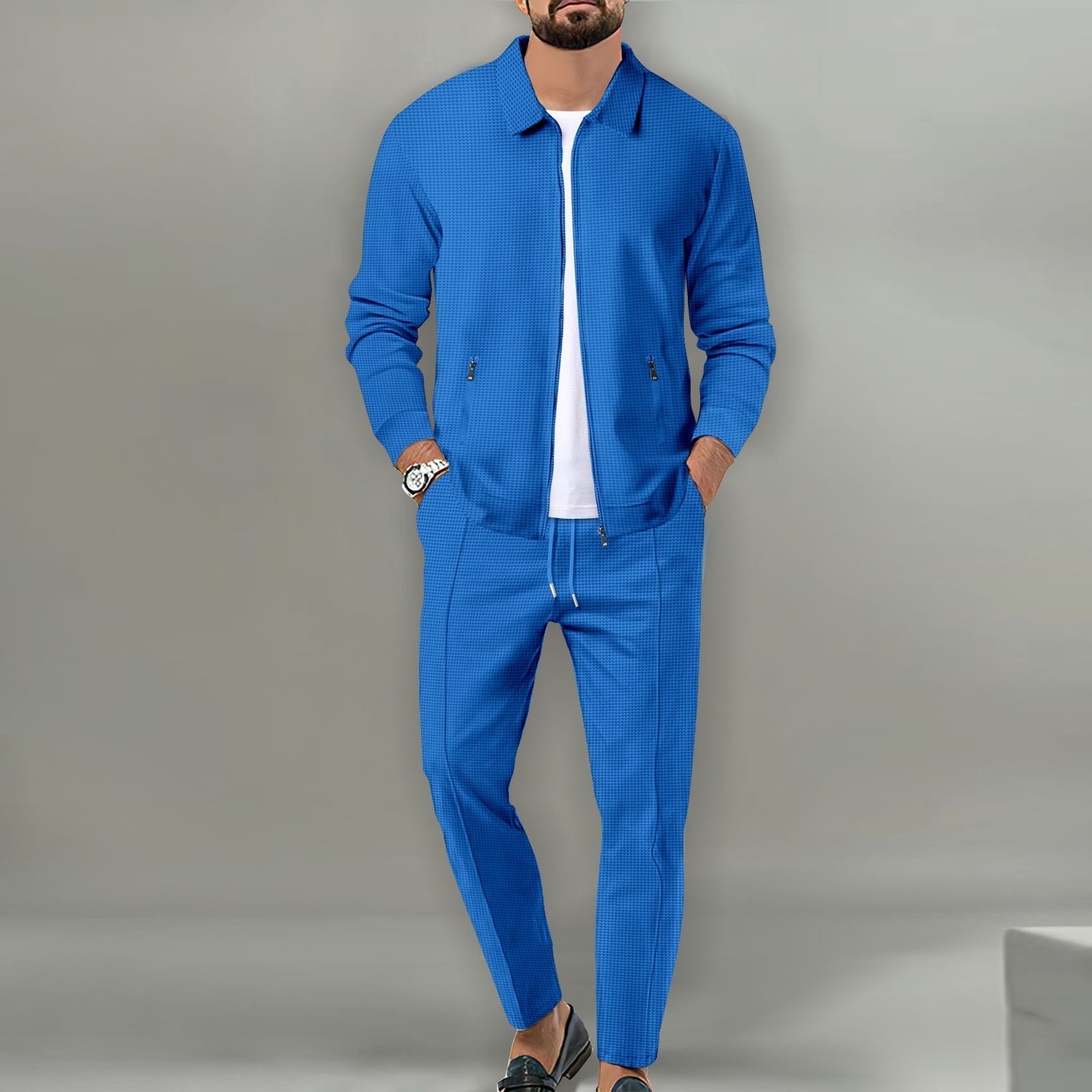 Conjunto para hombre de 2 piezas de punto waffle transpirable con cárdigan de solapa con cremallera y pantalones
