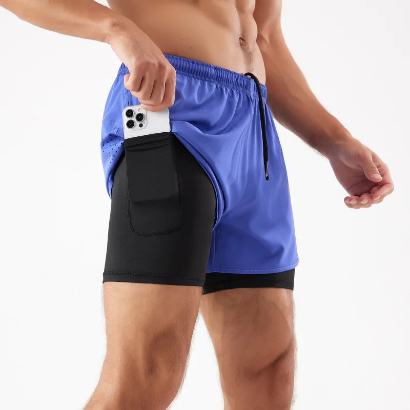 Pantalones cortos para correr 2 en 1 de secado rápido para hombre con bolsillo para teléfono