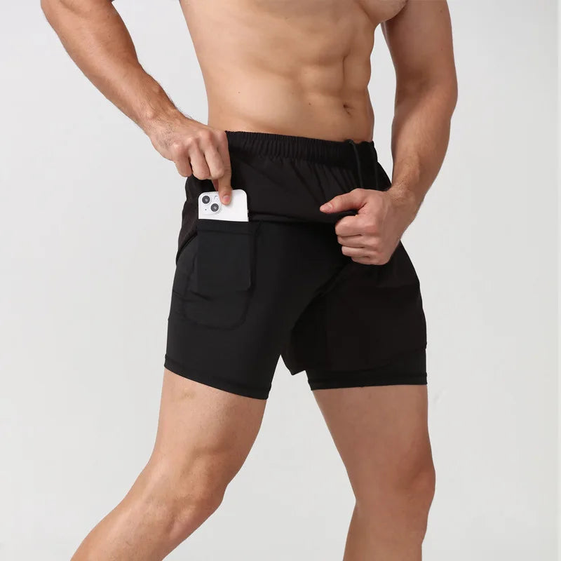 Pantalones cortos para correr 2 en 1 de secado rápido para hombre con bolsillo para teléfono