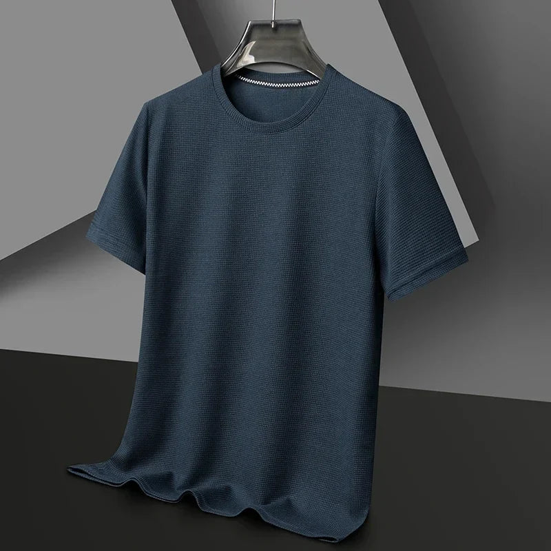 Camiseta de verano para hombre de punto waffle con cuello redondo – camiseta casual ligera