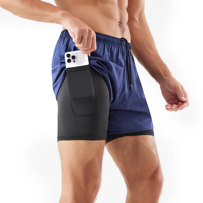 Pantalones cortos para correr 2 en 1 de secado rápido para hombre con bolsillo para teléfono