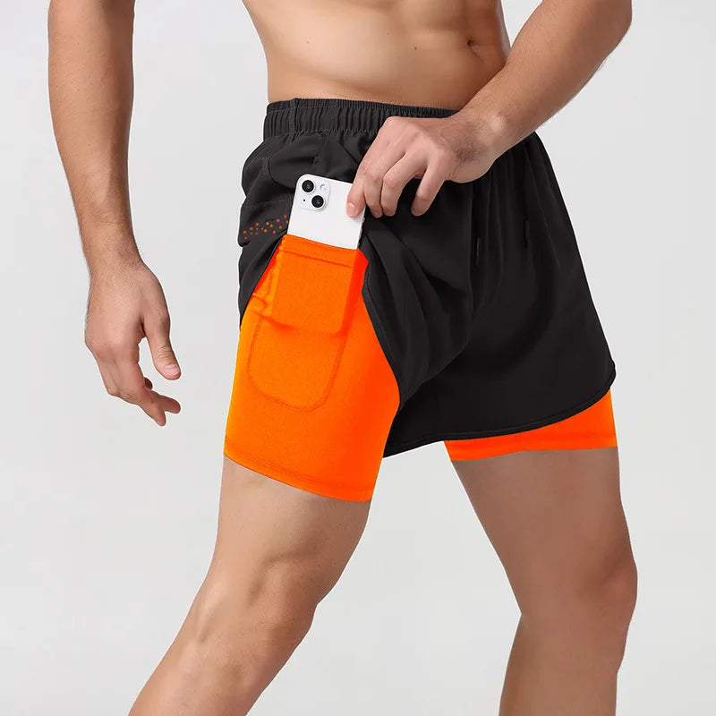 Pantalones cortos para correr 2 en 1 de secado rápido para hombre con bolsillo para teléfono