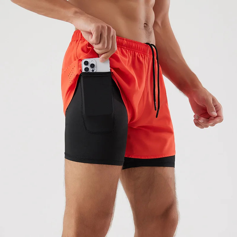 Pantalones cortos para correr 2 en 1 de secado rápido para hombre con bolsillo para teléfono