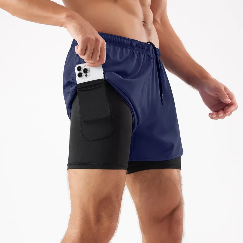 Pantalones cortos para correr 2 en 1 de secado rápido para hombre con bolsillo para teléfono