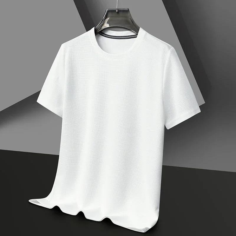 Camiseta de verano para hombre de punto waffle con cuello redondo – camiseta casual ligera