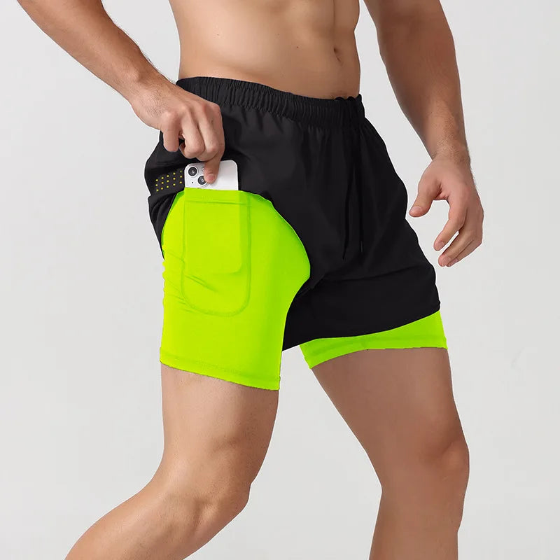 Pantalones cortos para correr 2 en 1 de secado rápido para hombre con bolsillo para teléfono