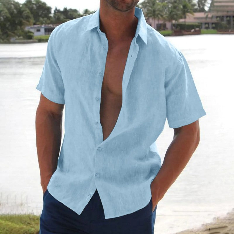 Camisa ligera de lino para hombre de manga corta