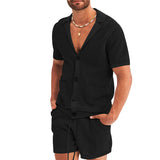 Conjunto de camisa de manga corta calada casual de verano para hombre y pantalones cortos