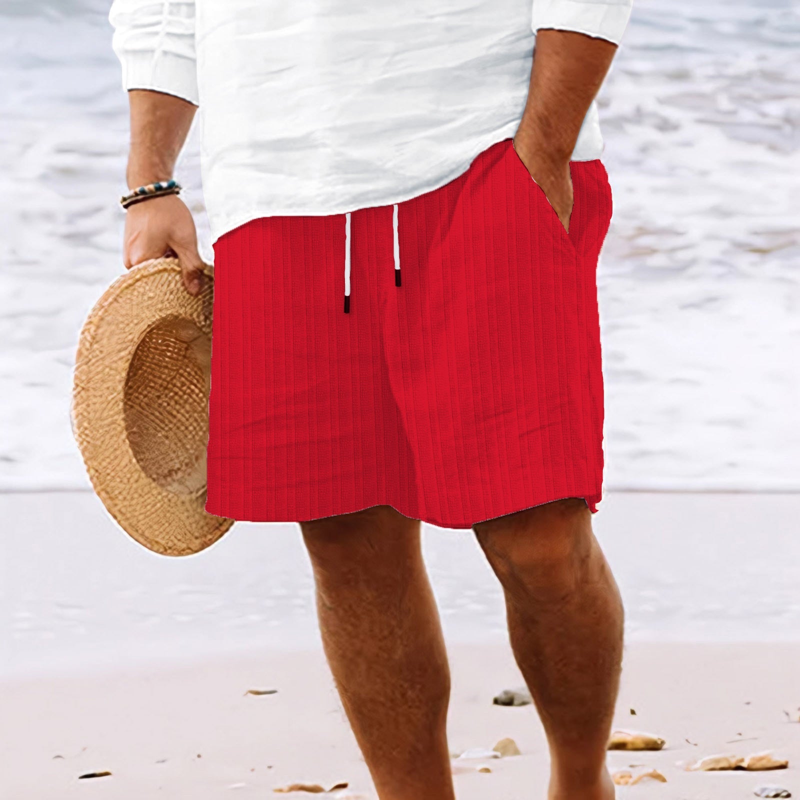 Pantalones cortos de verano para hombre con cordón y rayas