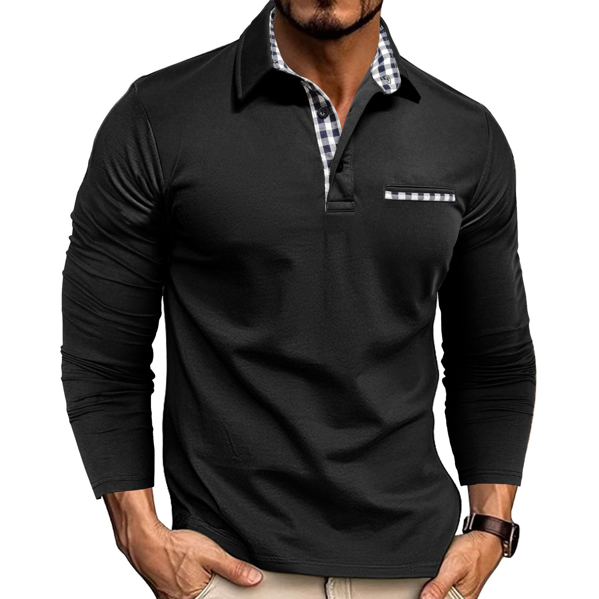 Camisa Polo de Solapa con Empalme de Cuadros Casual - Elegante Top de Manga Larga para Hombre