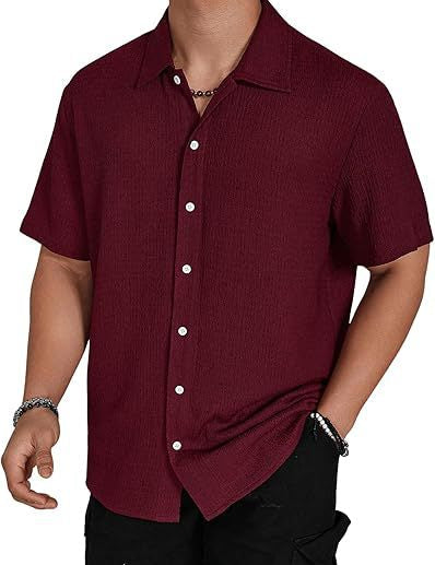 Camisa de hombre de color sólido con botones y solapa de manga corta