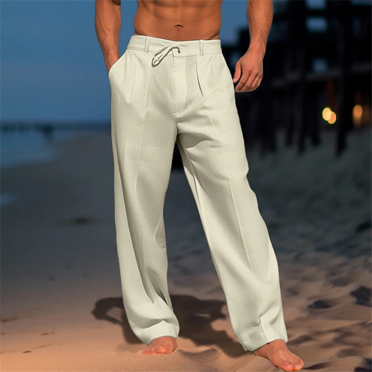 Pantalones casuales de pierna ancha para hombre con cordón y bolsillos