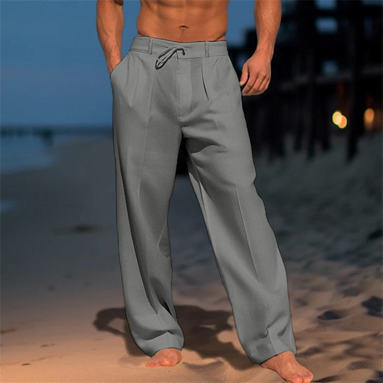 Pantalones casuales de pierna ancha para hombre con cordón y bolsillos