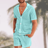 Conjunto de camisa de manga corta calada casual de verano para hombre y pantalones cortos